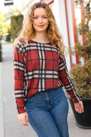 Perfectly You Red Plaid Boat Neck Long Sleeve Top
