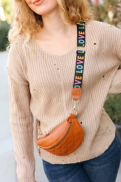 Camel Quilted "LOVE" Strap Crossbody Sling Bag