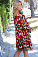 Multicolor Flat Floral Square Neck Button Babydoll Dress
