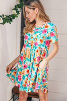 Teal & Magenta Floral Babydoll Fit and Flare Dress
