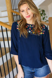 In Your Dreams Navy Floral Embroidery Ladder Trim Blouse