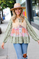 Olive & Mustard Boho Two Tone Tiered Babydoll Top