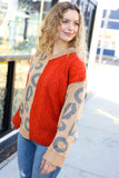Call on Me Rust & Taupe Animal Print Cable Knit Color Block Sweater