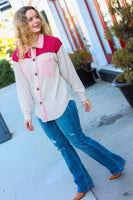 Give Joy Cranberry Ribbed Colorblock Button Down Shacket