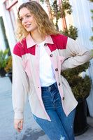 Give Joy Cranberry Ribbed Colorblock Button Down Shacket