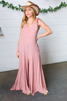 Dusty Rose Rib Knit Tie Shoulder Pocketed Jumpsuit
