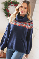 Navy Holiday Pattern Bubble Sleeve Cowel Neck