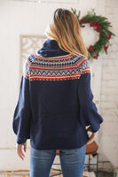 Navy Holiday Pattern Bubble Sleeve Cowel Neck