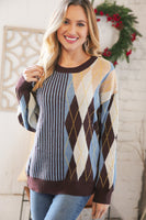 Mocha Blue Half & Half Vertical Stripe Sweater
