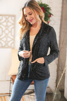 Black Sequin Lapel Collar Pocketed Holiday Jacket