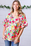 Red Flat Floral Pring Dolman Ruffle Frill Sleeve Blouse