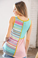 Multi Stripe Textured Color Block Piping Detail Top