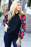 Be Yourself Black Sequin & Floral Embroidery Print Mock Neck Top