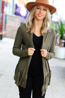 Olive Green Face the Day Two-Tone Ruffle Cardigan
