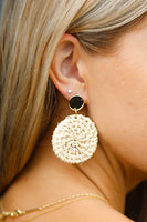 Ivory & Gold Rattan Woven Round Dangle Earrings