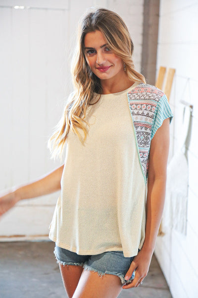 Oatmeal Two Tone Ethnic Outseam Color Block Top