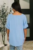 Counter Part Crinkle Woven V-Neck Top in Cornflower Blue