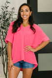 Counter Part Crinkle Woven V-Neck Top in Neon Fuchsia