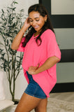 Counter Part Crinkle Woven V-Neck Top in Neon Fuchsia