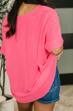 Counter Part Crinkle Woven V-Neck Top in Neon Fuchsia