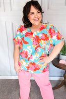 Weekend Ready Aqua & Coral Floral V Neck Woven Top