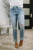 Aiden High Rise Patch Pocket Distressed Boyfriend Jeans