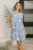 Lizzy Flutter Sleeve Dress in White and Blue Floral
