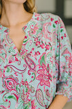Lizzy Smock Top in Mint and Pink Floral Paisley