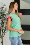 Petals & Poise Floral Flutter Sleeve Top in Green