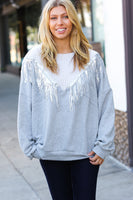 White/Grey Cable Knit Sequin Tassel Hacci Sweater
