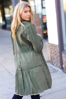 Olive Cotton Button Down Tiered Cut-Edge Long Jacket