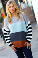 Mint Multicolor Stripe Bubble Sleeve Oversize Sweater