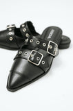 Usual Pointy Toe Double Buckle Flat in Black