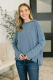 Wander & Rest Cable Ribbed Knit Drop Shoulder Top in Dusty Blue