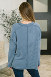 Wander & Rest Cable Ribbed Knit Drop Shoulder Top in Dusty Blue