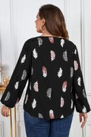 Plus Size Printed Round Neck Long Sleeve Cutout Blouse