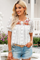 Embroidered Round Neck Flounce Sleeve Blouse