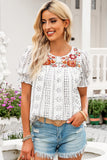 Embroidered Round Neck Flounce Sleeve Blouse