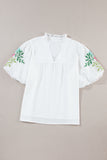 Embroidered Notched Half Sleeve Blouse