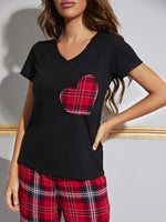 Heart Graphic V-Neck Top and Plaid Pants Lounge Set
