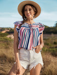 Striped Flutter Sleeve Tied Blouse