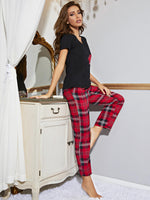 Heart Graphic V-Neck Top and Plaid Pants Lounge Set