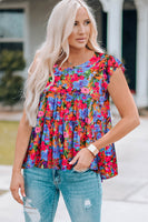 Floral Round Neck Frill Trim Blouse