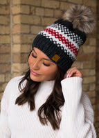 Dark Grey, Red & White Stripe Pom Hat
