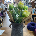 Tulips in Metal Vase Arrangement